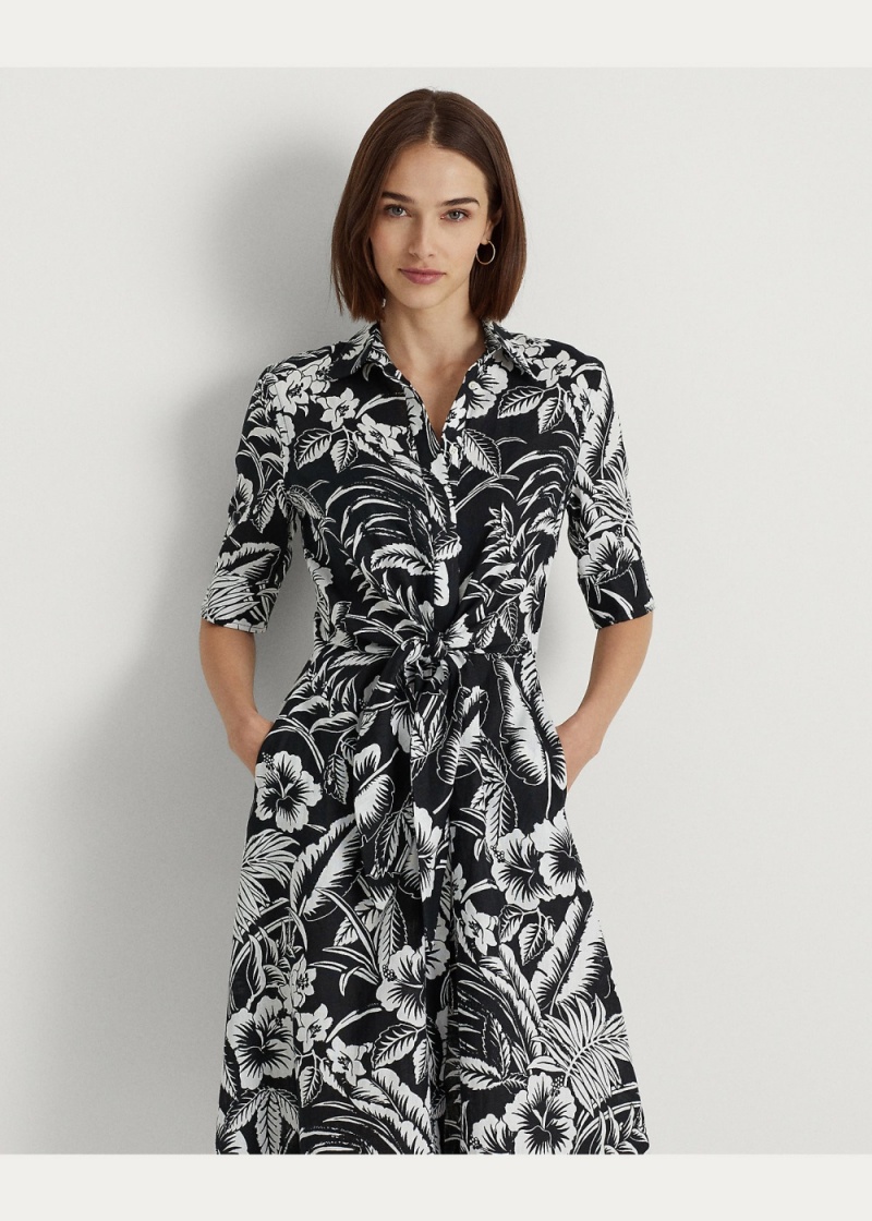 Vestido Floral Tie-Front Linen Shirtdress Mujer Blancos | MQPL34758 - vista 3