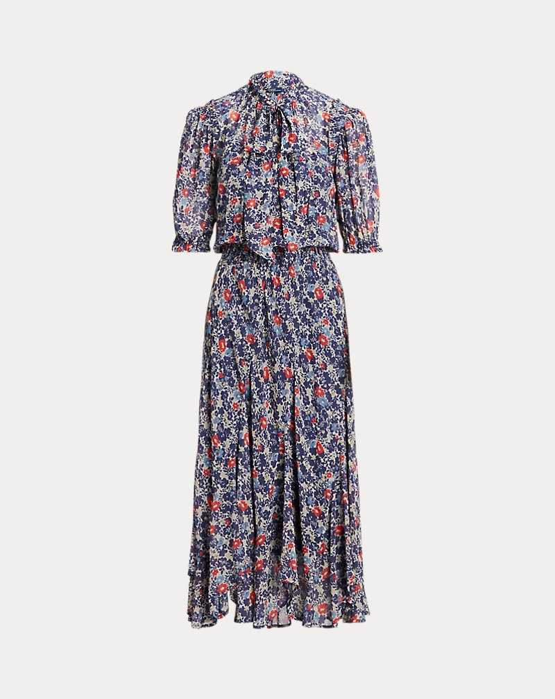Vestido Ralph Lauren Floral Tie-Neck Georgette Mujer 1601 Red/Blue Floral | XFEWLZO-96 - vista 2