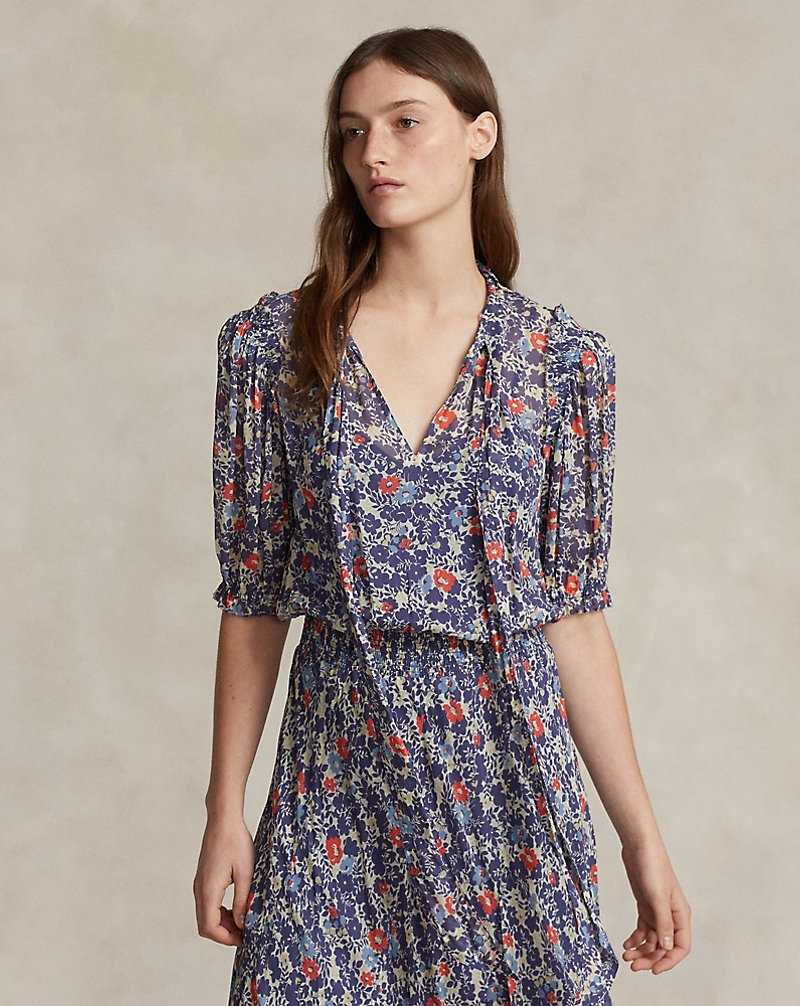 Vestido Ralph Lauren Floral Tie-Neck Georgette Mujer 1601 Red/Blue Floral | XFEWLZO-96 - vista 3