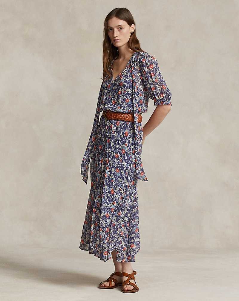 Vestido Ralph Lauren Floral Tie-Neck Georgette Mujer 1601 Red/Blue Floral | XFEWLZO-96 - vista 1