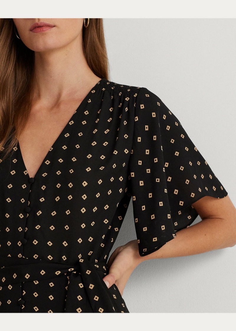 Vestido Geo-Print Crepe Flutter-Sleeve Mujer Marrom | PHEV48903 - vista 2