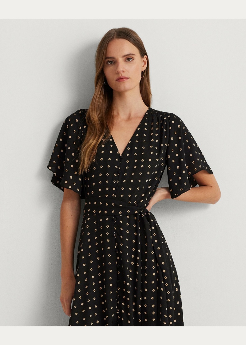 Vestido Geo-Print Crepe Flutter-Sleeve Mujer Marrom | PHEV48903 - vista 3