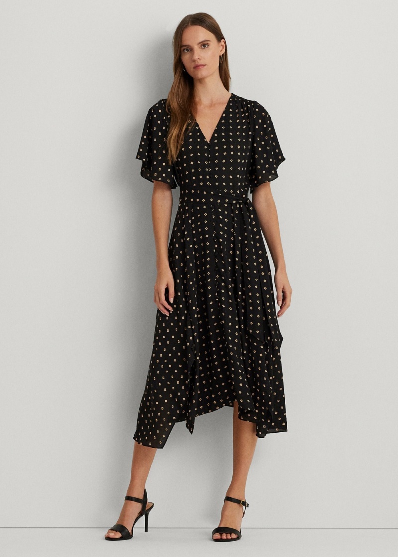 Vestido Geo-Print Crepe Flutter-Sleeve Mujer Marrom | PHEV48903 - vista 1