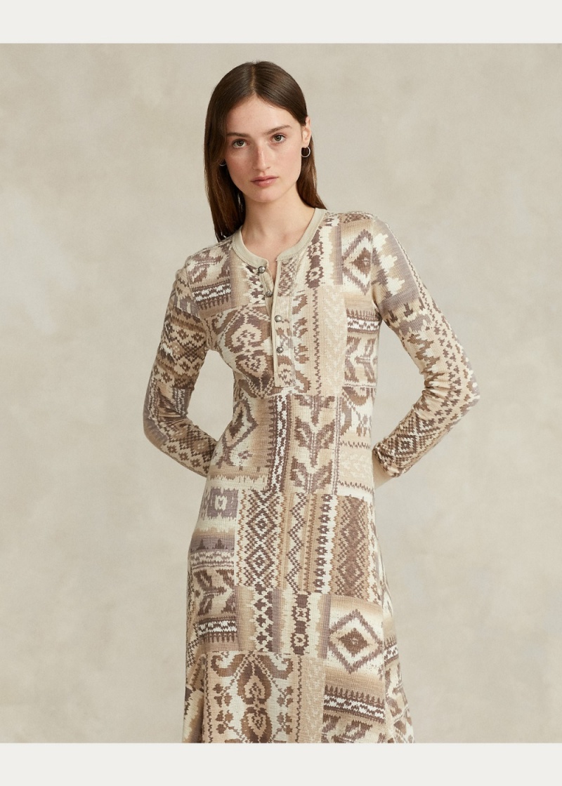 Vestido Geometric Waffle-Knit Henley Mujer Creme | KIUJ35049 - vista 2
