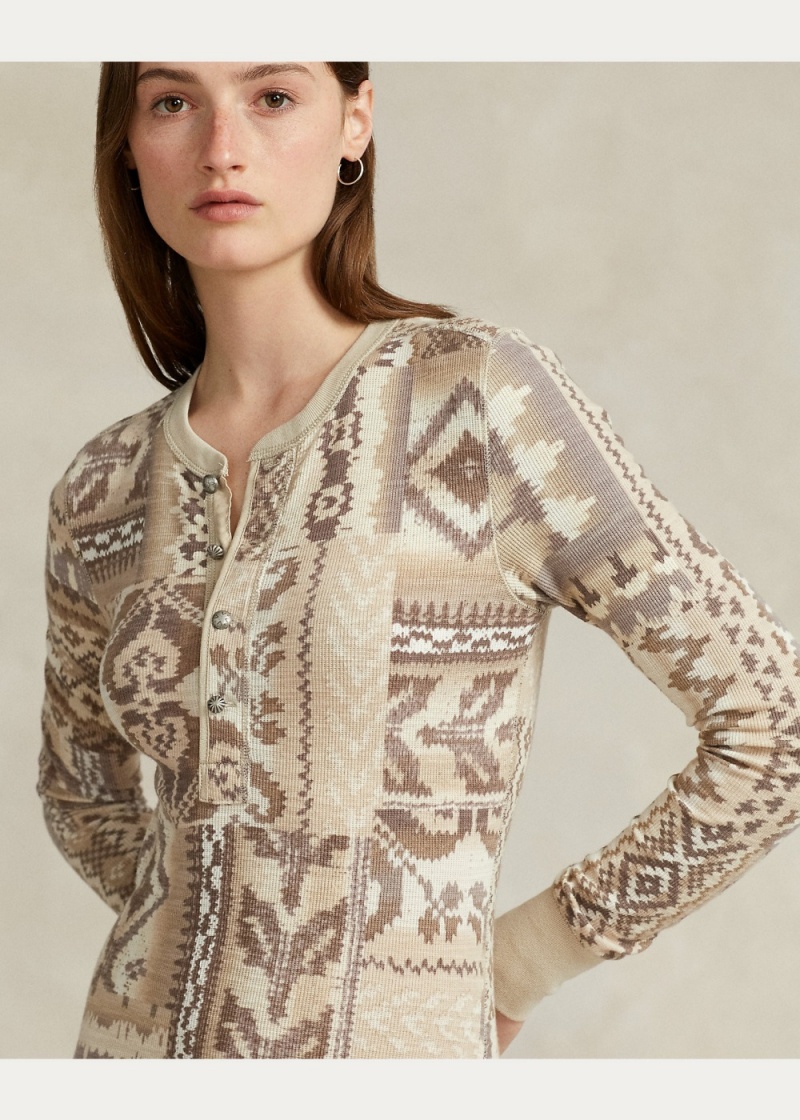 Vestido Geometric Waffle-Knit Henley Mujer Creme | KIUJ35049 - vista 4