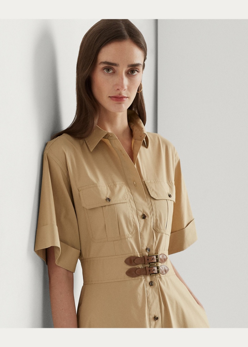 Vestido Hebilla-Trim Algodon-Blend Shirtdress Mujer Marrom | JHNO42130 - vista 2