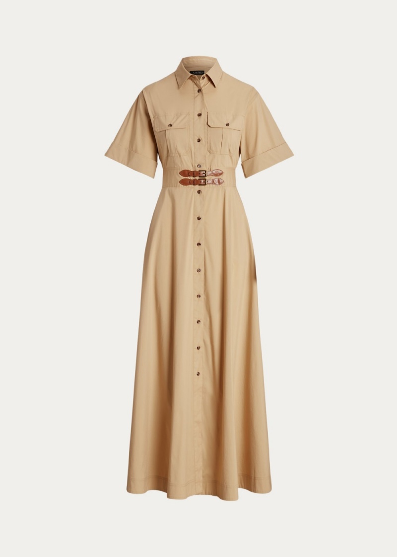 Vestido Hebilla-Trim Algodon-Blend Shirtdress Mujer Marrom | JHNO42130 - vista 3