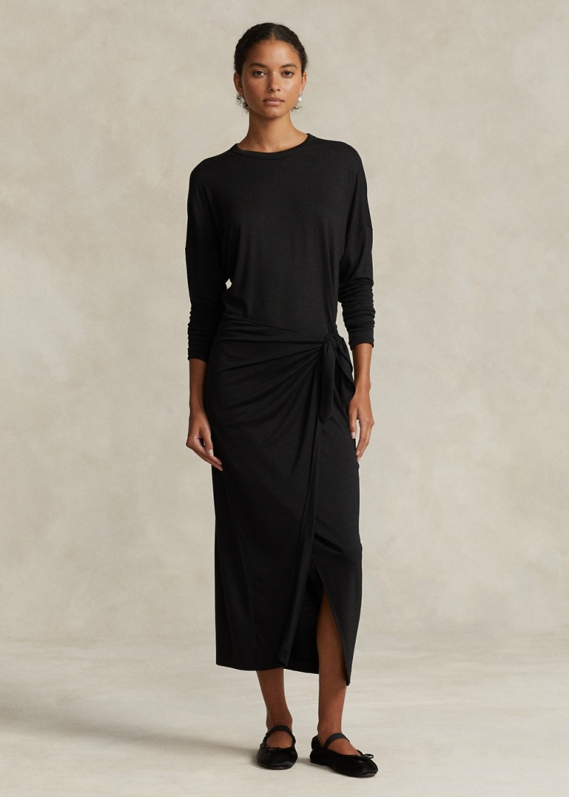 Vestido Jersey Long-Sleeve Wrap Mujer Negros | VUES46701 - vista 1