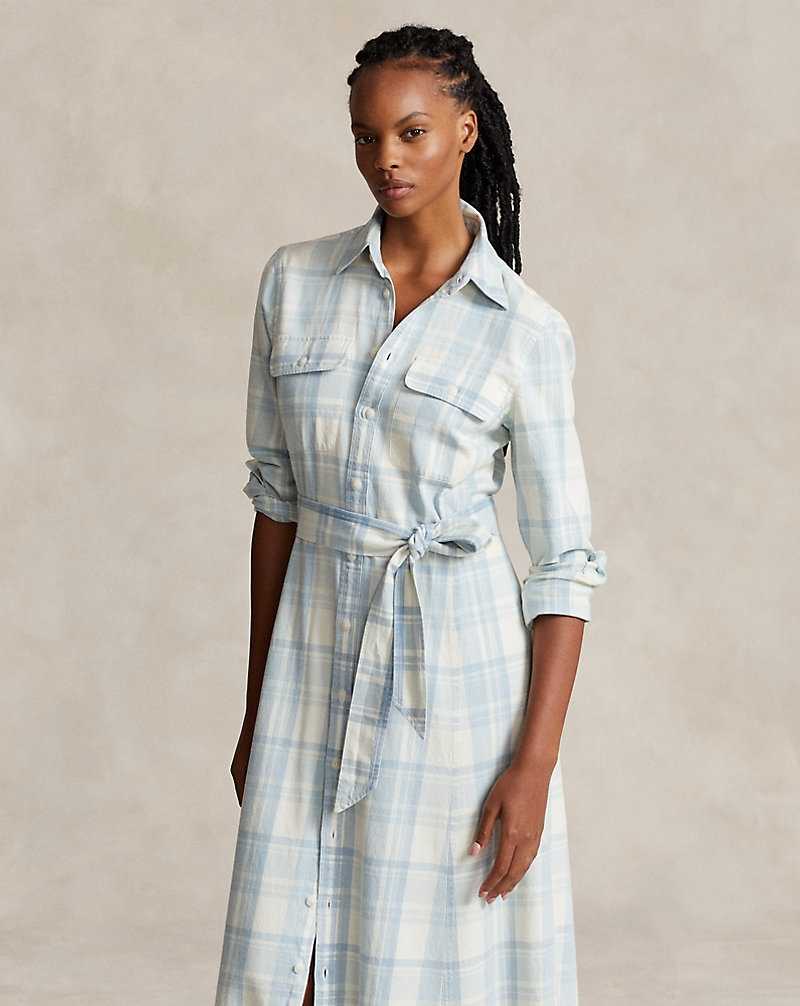 Vestido Ralph Lauren Plaid Belted Cotton Twilldress Mujer Azules Claro | GCKMPLU-87 - vista 3
