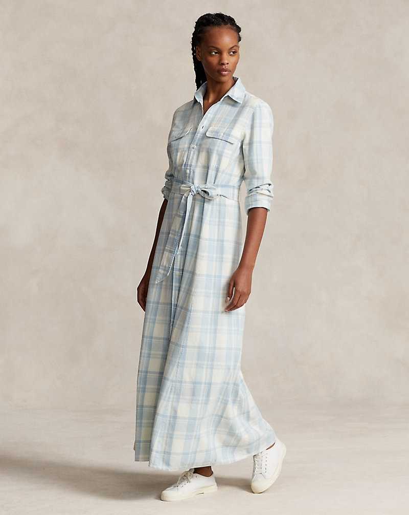 Vestido Ralph Lauren Plaid Belted Cotton Twilldress Mujer Azules Claro | GCKMPLU-87 - vista 1