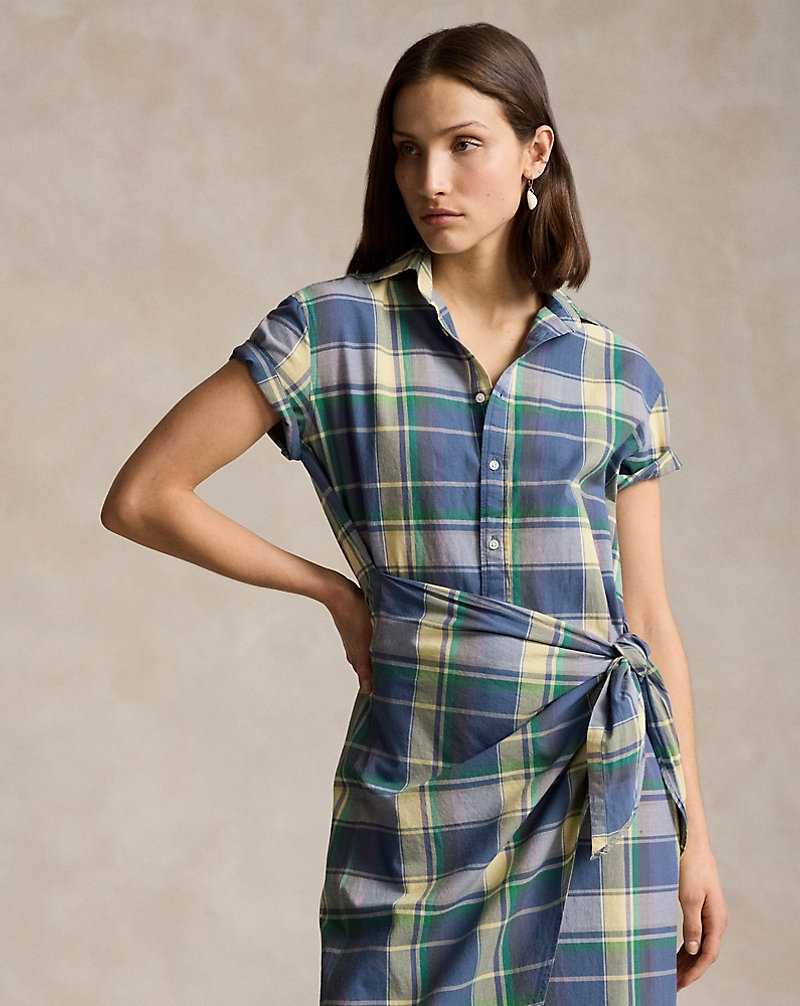 Vestido Ralph Lauren Plaid Cotton Faux-Wrapdress Mujer 1669 Blue/yellow | RYKETUF-90 - vista 3