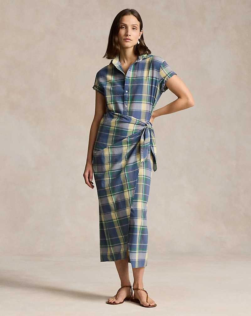 Vestido Ralph Lauren Plaid Cotton Faux-Wrapdress Mujer 1669 Blue/yellow | RYKETUF-90 - vista 1