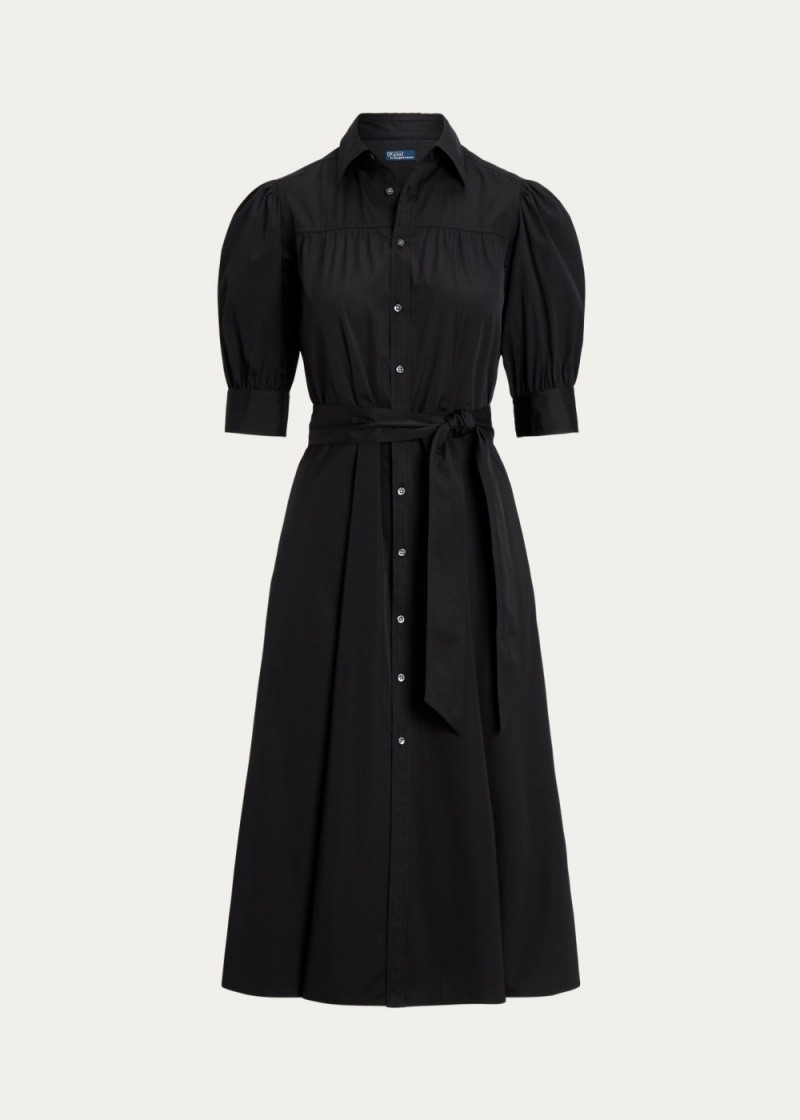 Vestido Puff-Sleeve Algodon Shirtdress Mujer Negros | OMLQ76134 - vista 2