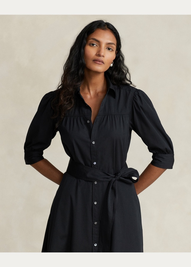 Vestido Puff-Sleeve Algodon Shirtdress Mujer Negros | OMLQ76134 - vista 3