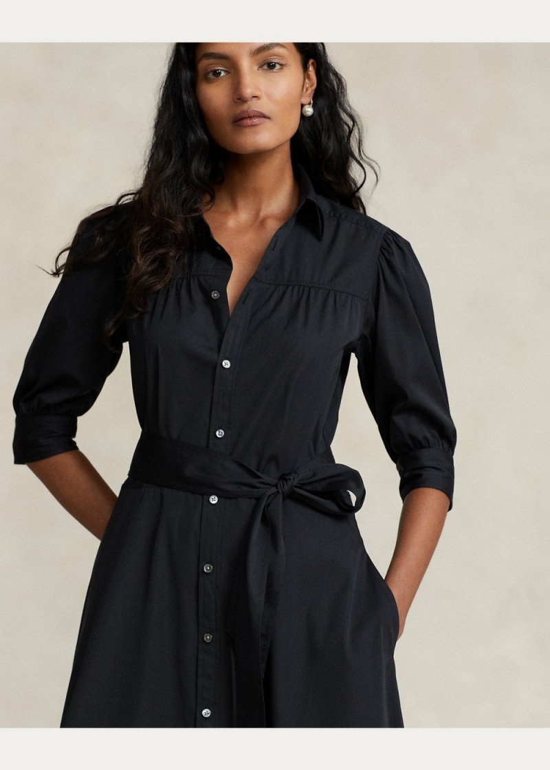 Vestido Puff-Sleeve Algodon Shirtdress Mujer Negros | OMLQ76134 - vista 4