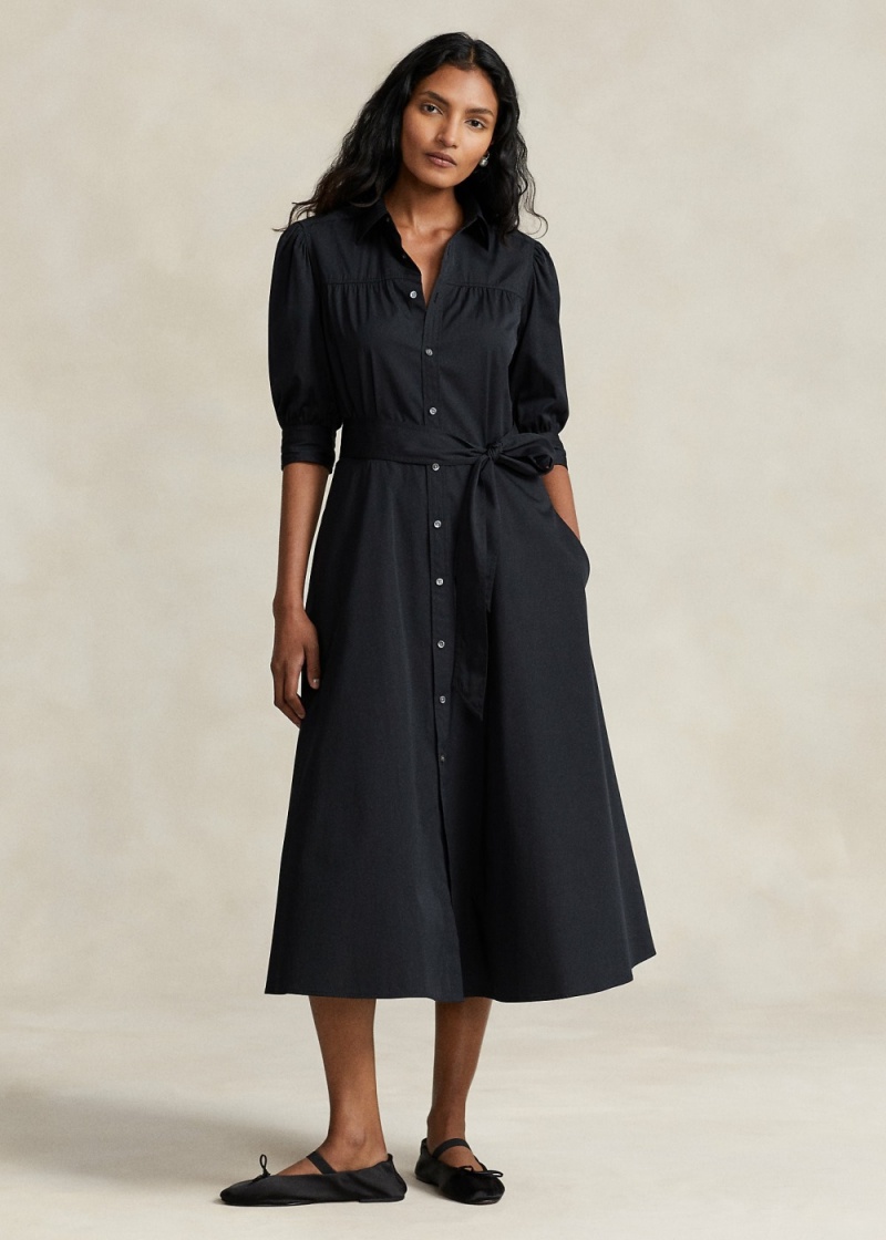 Vestido Puff-Sleeve Algodon Shirtdress Mujer Negros | OMLQ76134 - vista 1