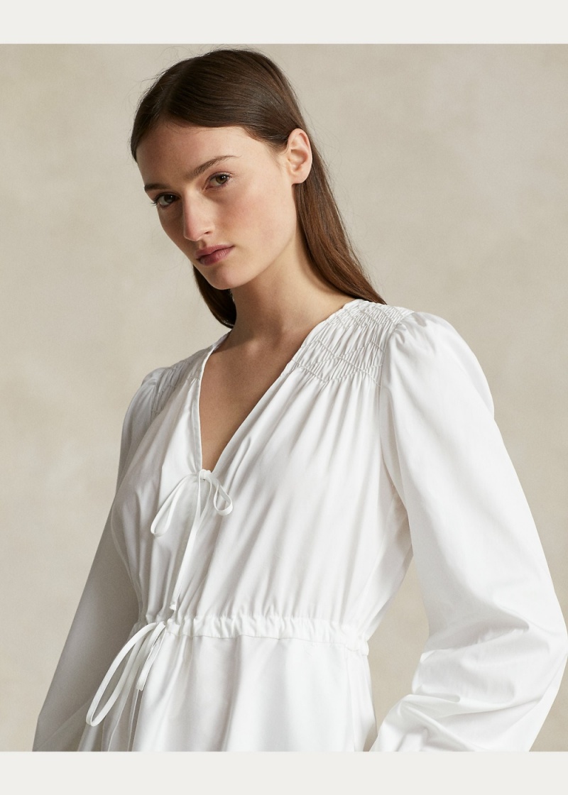 Vestido Smocked Algodon V-Neck Mujer Blancos | XVBQ45892 - vista 4
