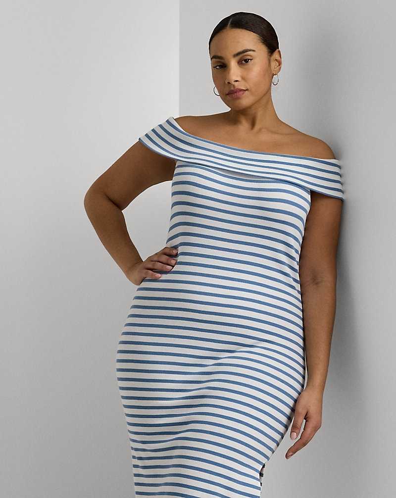 Vestido Ralph Lauren Striped Off-the-Shoulder Midi Mujer Azur | TAUJHMS-54 - vista 3