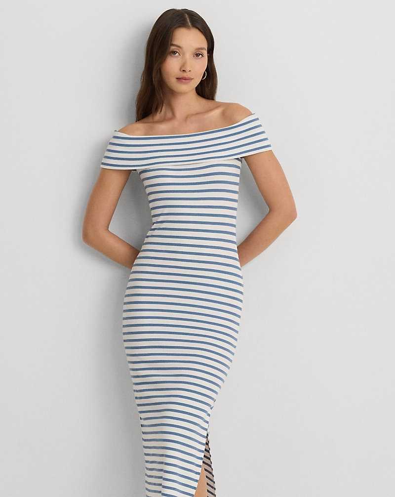 Vestido Ralph Lauren Striped Off-the-Shoulder Midi Mujer Azur | UZWJHVI-31 - vista 3