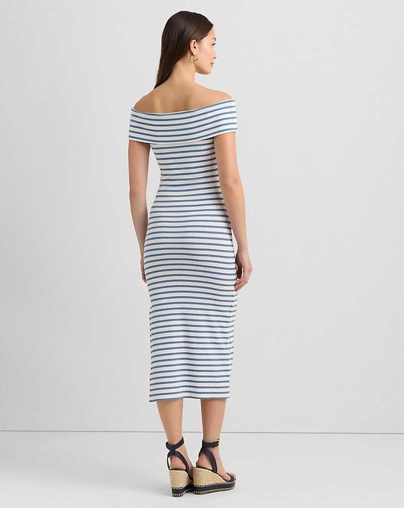 Vestido Ralph Lauren Striped Off-the-Shoulder Midi Mujer Azur | UZWJHVI-31 - vista 4