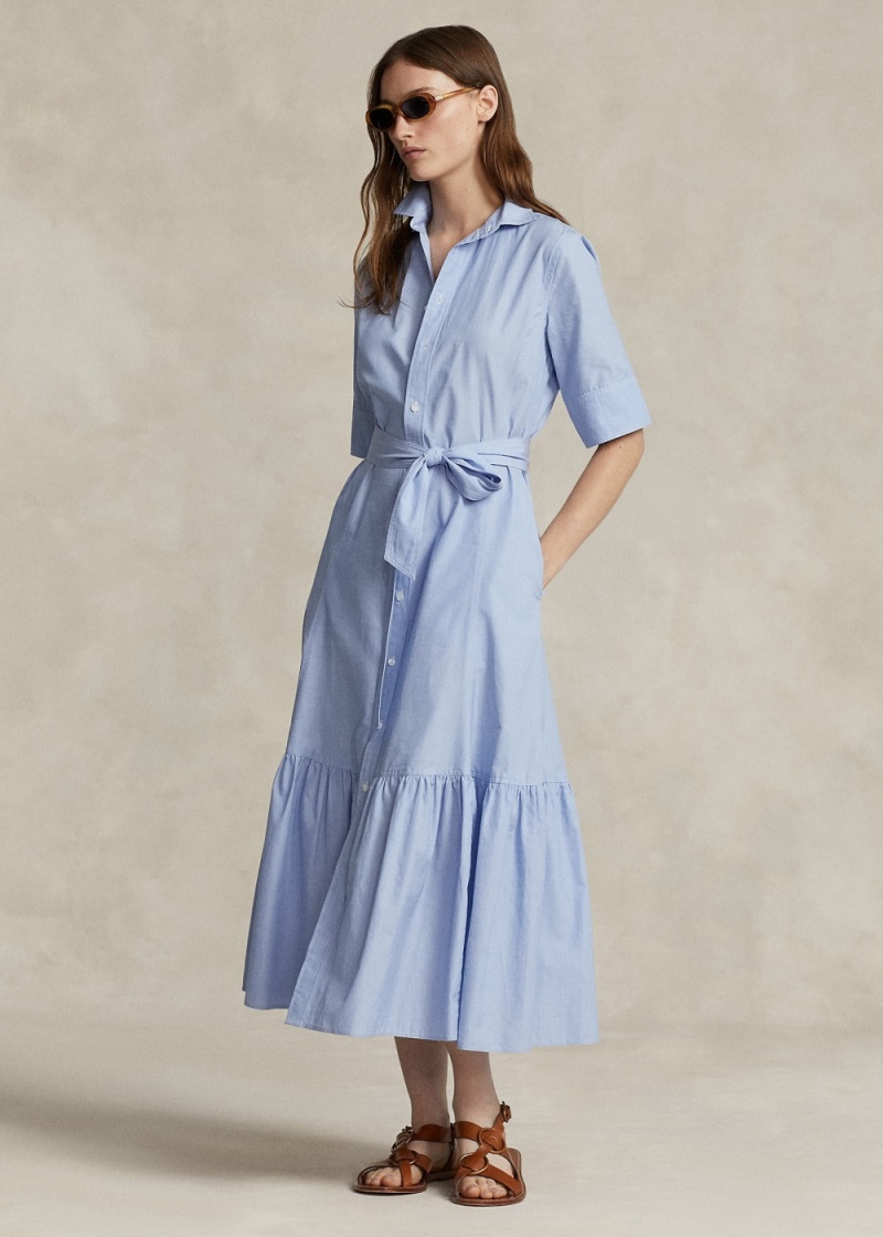 Vestido Tiered Algodon Shirtdress Mujer Azules | UQCX13728 - vista 1