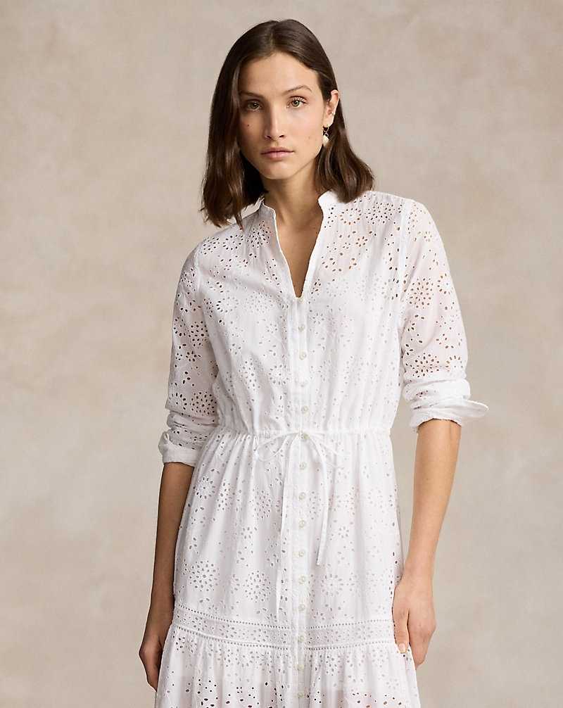 Vestido Ralph Lauren Tiered Eyelet Cotton Maxidress Mujer Blancos | FICMLBE-15 - vista 3