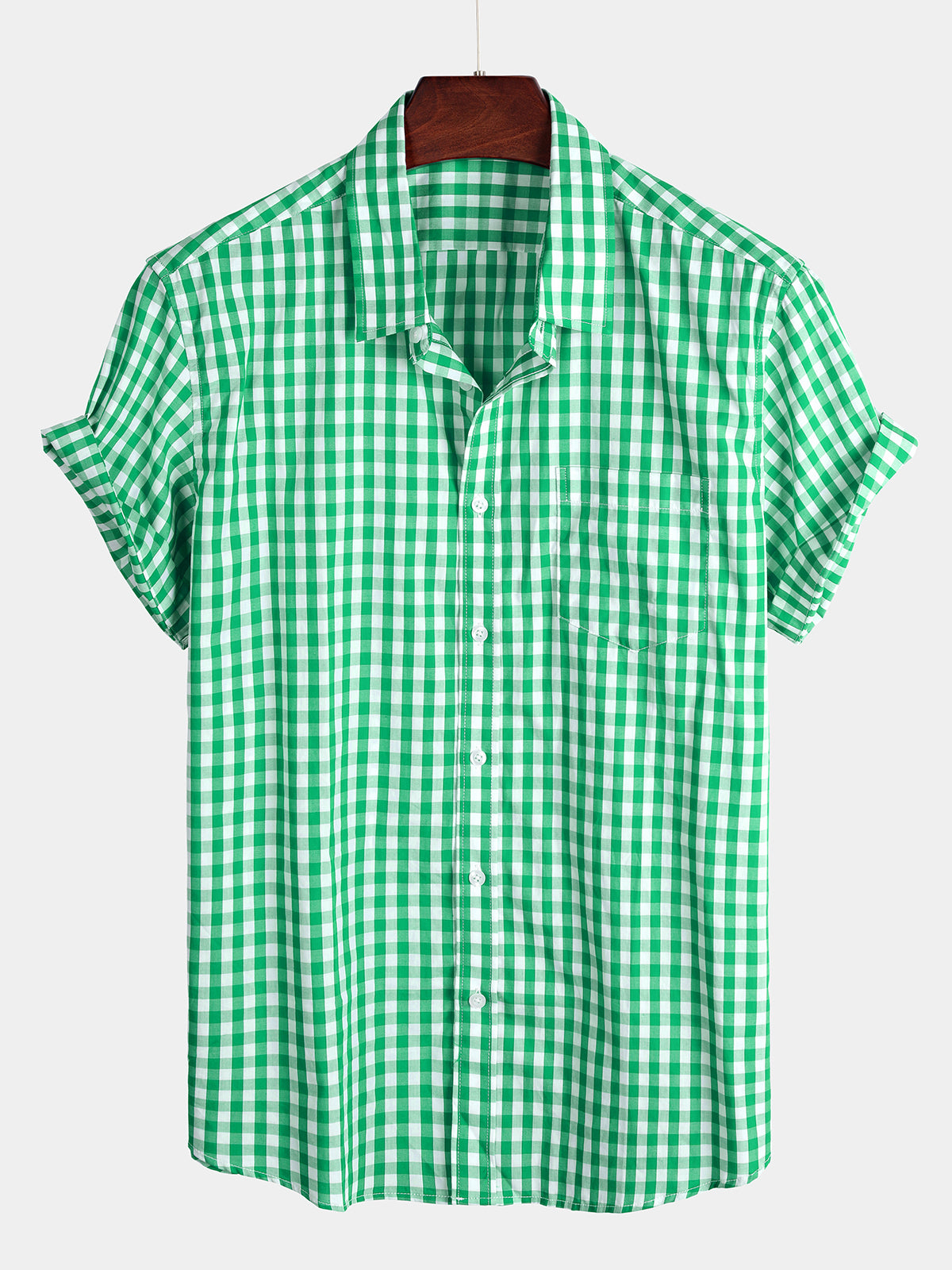 Camisa a cuadros de algodón casual de color sólido Pocket Summer Holiday Button Up de manga corta para hombre