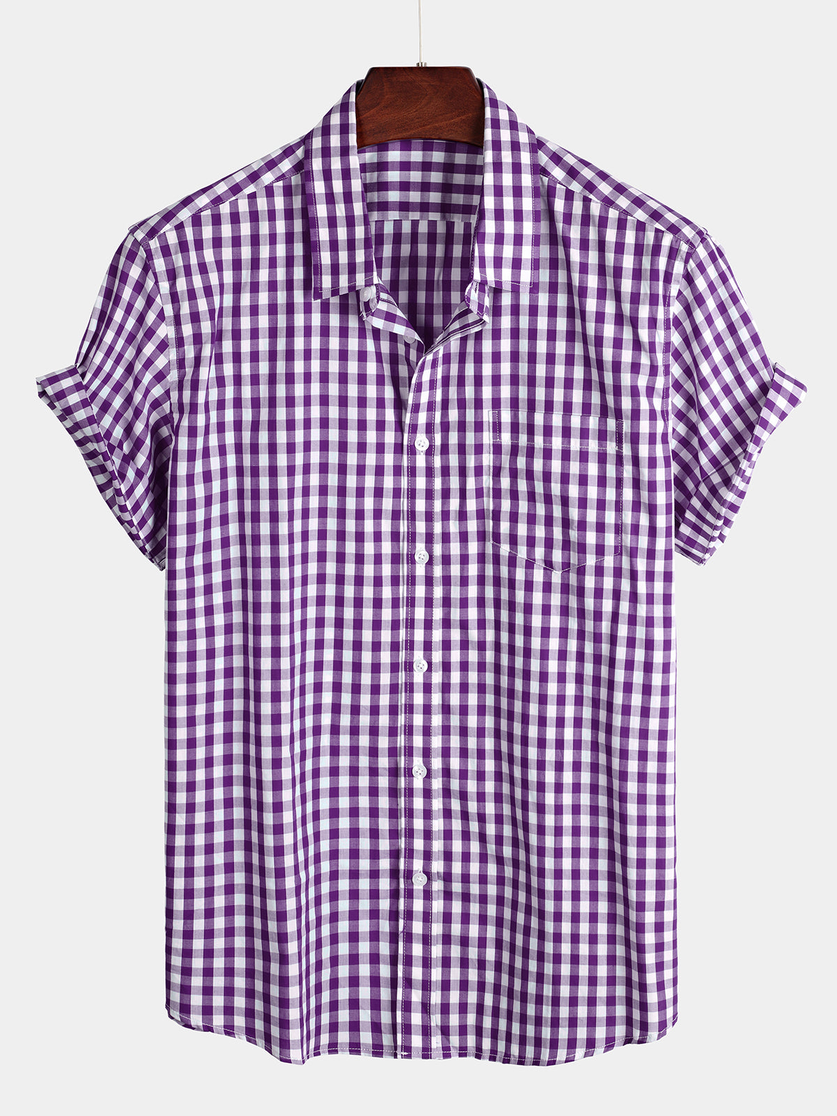 Camisa a cuadros de algodón casual de color sólido Pocket Summer Holiday Button Up de manga corta para hombre