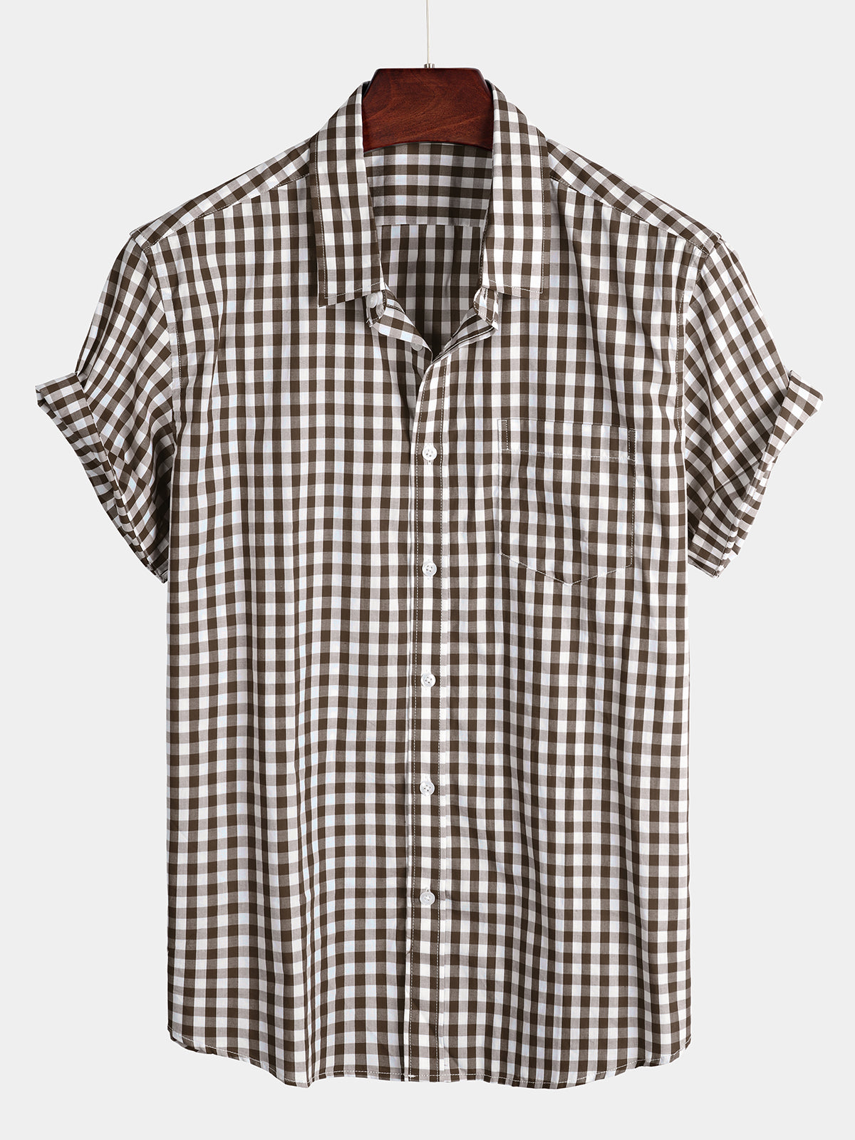 Camisa a cuadros de algodón casual de color sólido Pocket Summer Holiday Button Up de manga corta para hombre