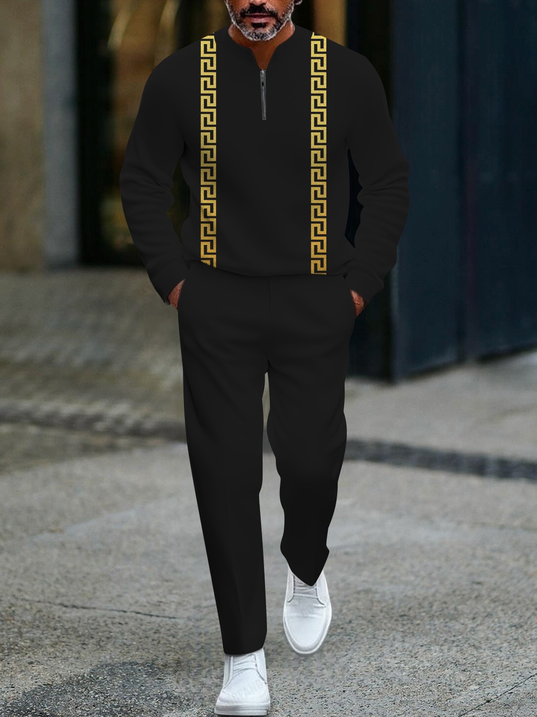 Conjunto de dos piezas de modaable geometric estampado zipper de manga larga para hombre