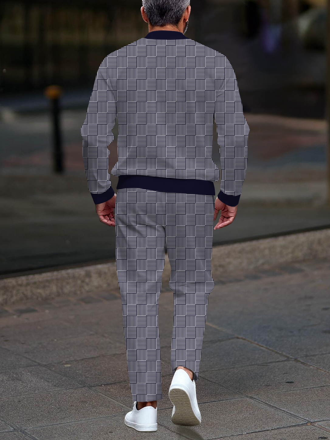 Conjunto de dos piezas casual navy checkered estampado zipper de manga larga para hombre