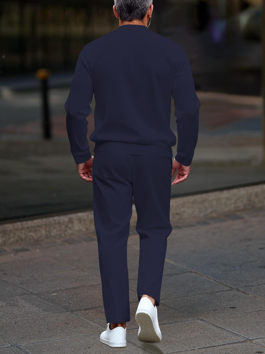Conjunto de dos piezas casual navy blue geometric estampado zipper de manga larga para hombre