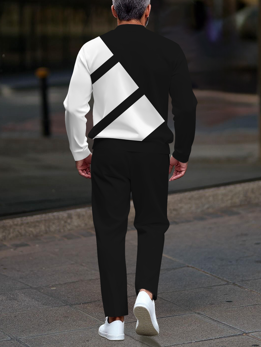 Conjunto de dos piezas casual black geometric estampado zipper de manga larga para hombre
