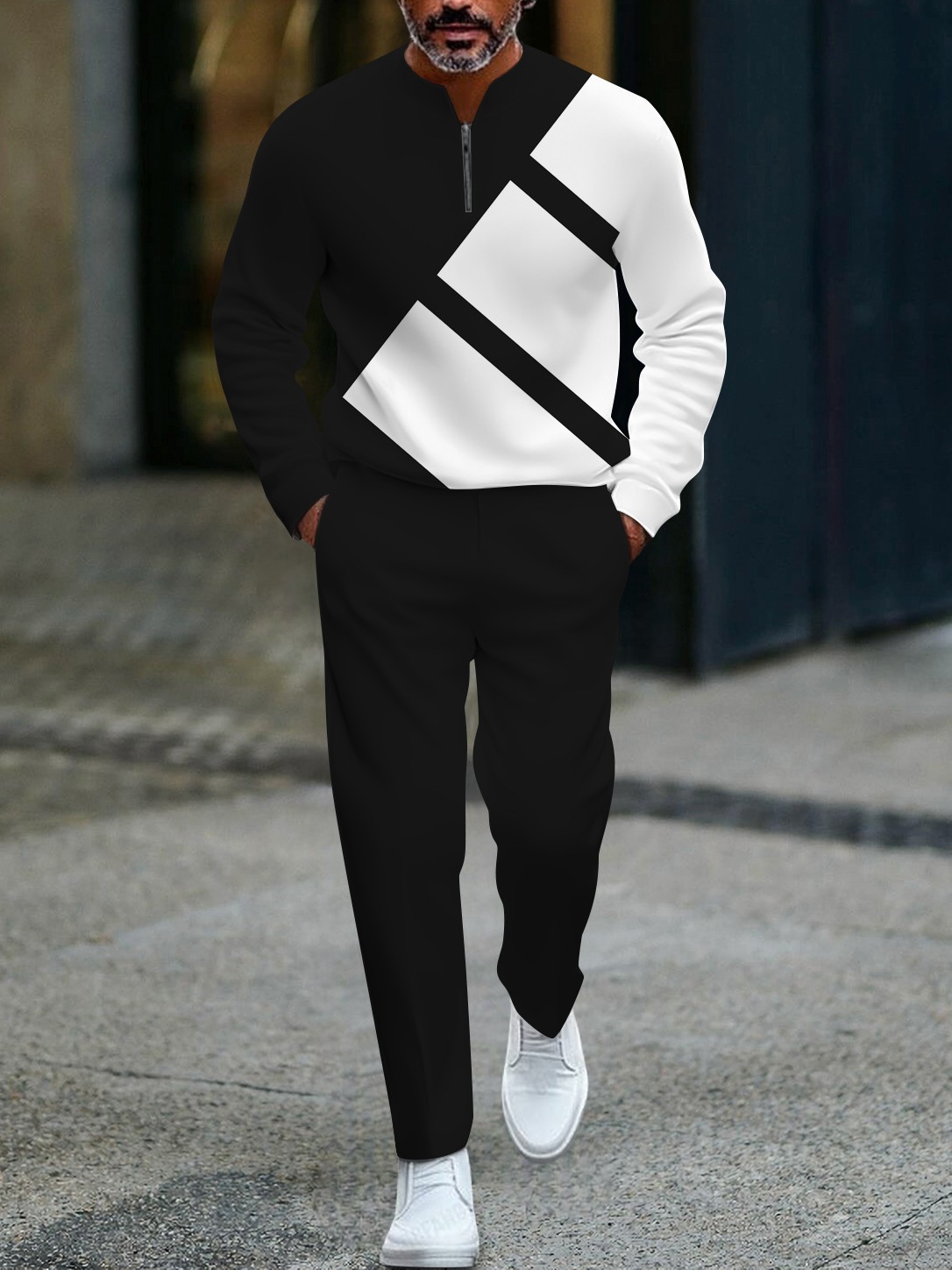 Conjunto de dos piezas casual black geometric estampado zipper de manga larga para hombre