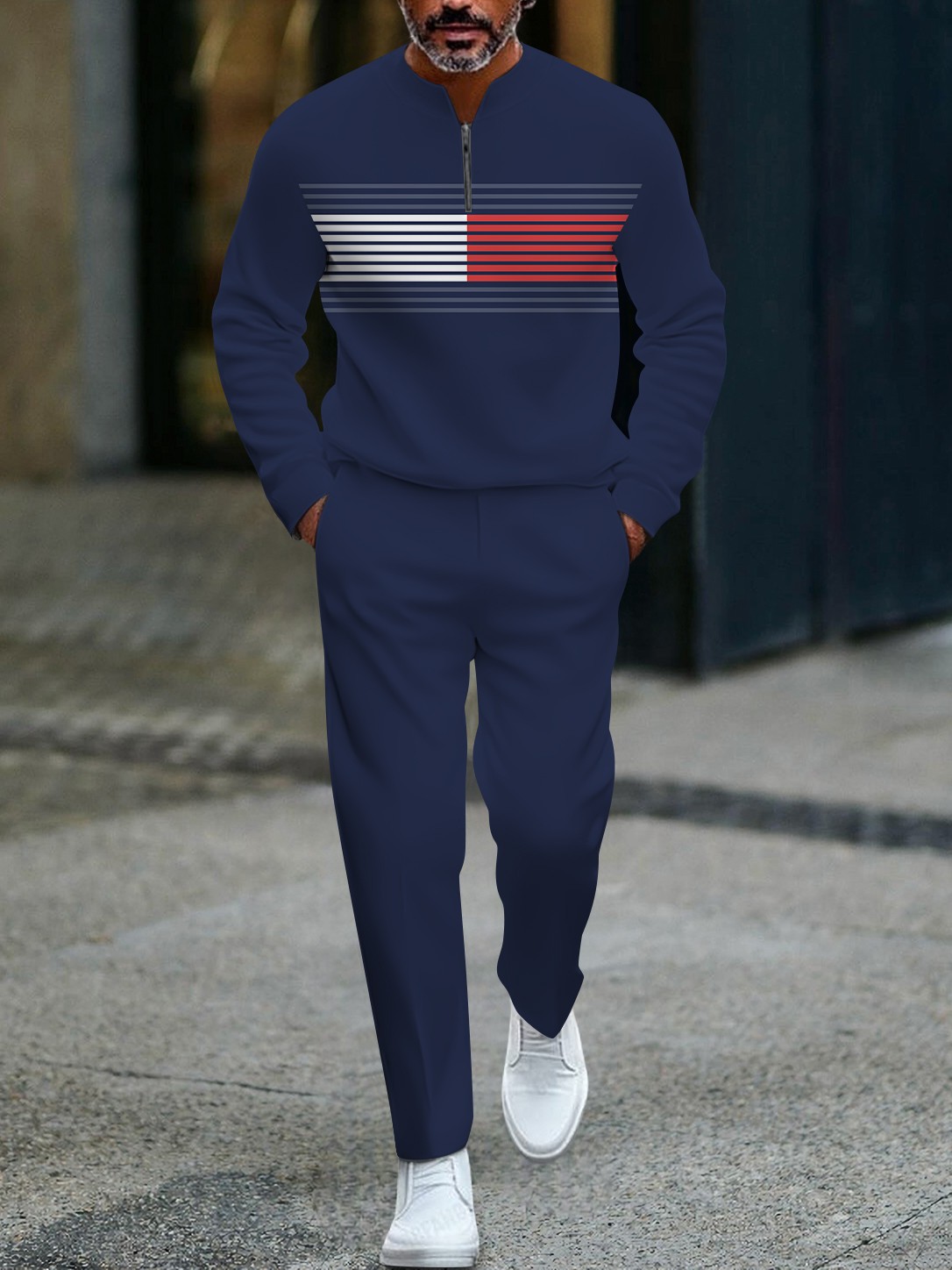 Conjunto de dos piezas casual navy blue a rayas con botones de manga larga para hombre
