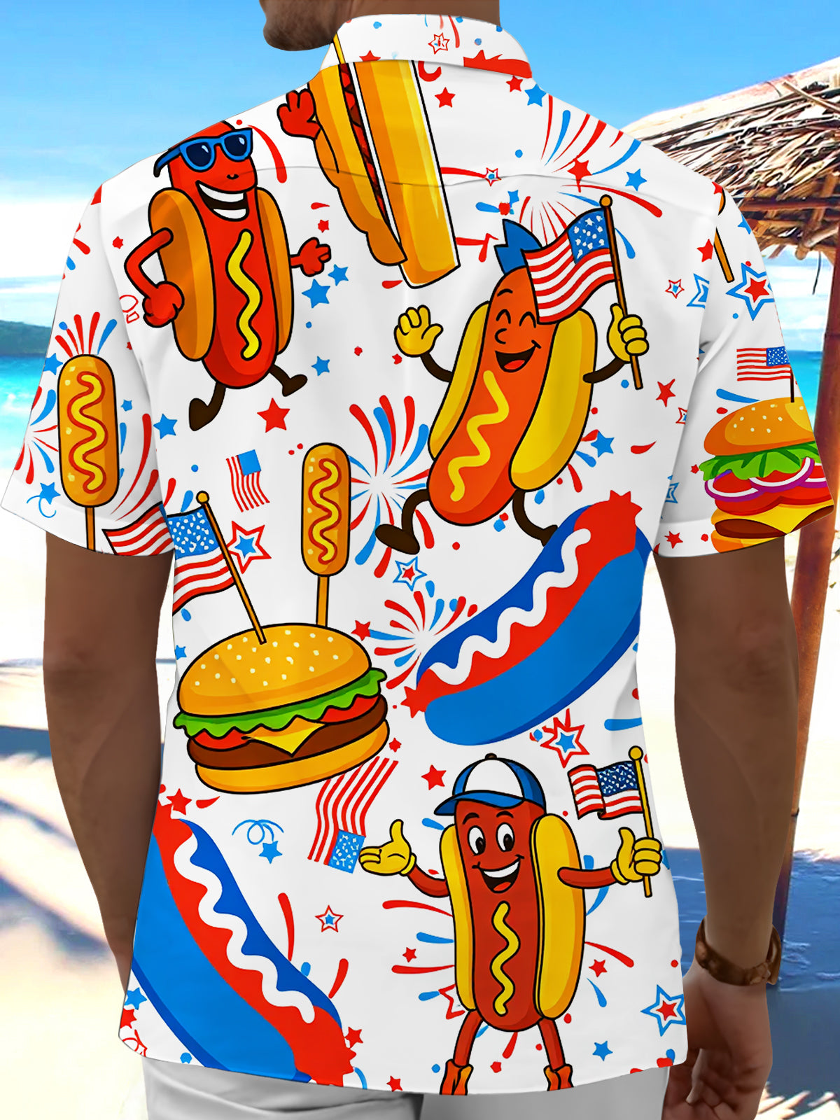 American Flag Hot Dog Burger Funny estampado Pocket de manga corta camisas para hombre