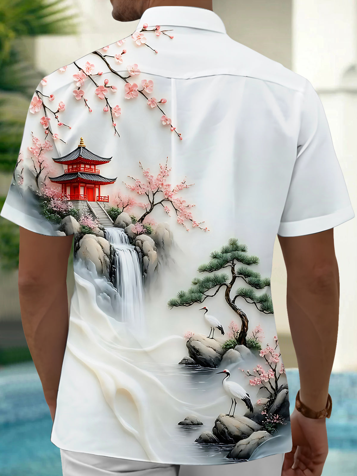 Cherry Blossom Landscape With Cranes Pocket de manga corta camisas para hombre