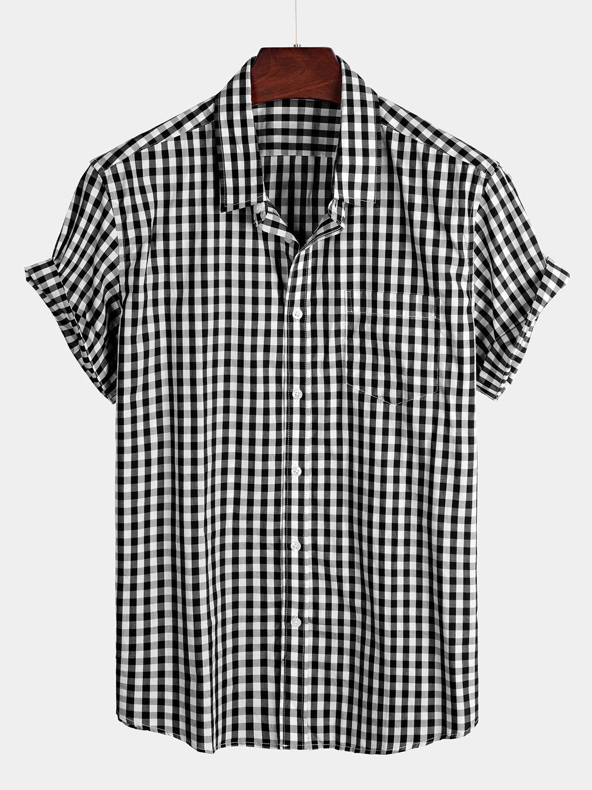 Camisa a cuadros de algodón casual de color sólido Pocket Summer Holiday Button Up de manga corta para hombre