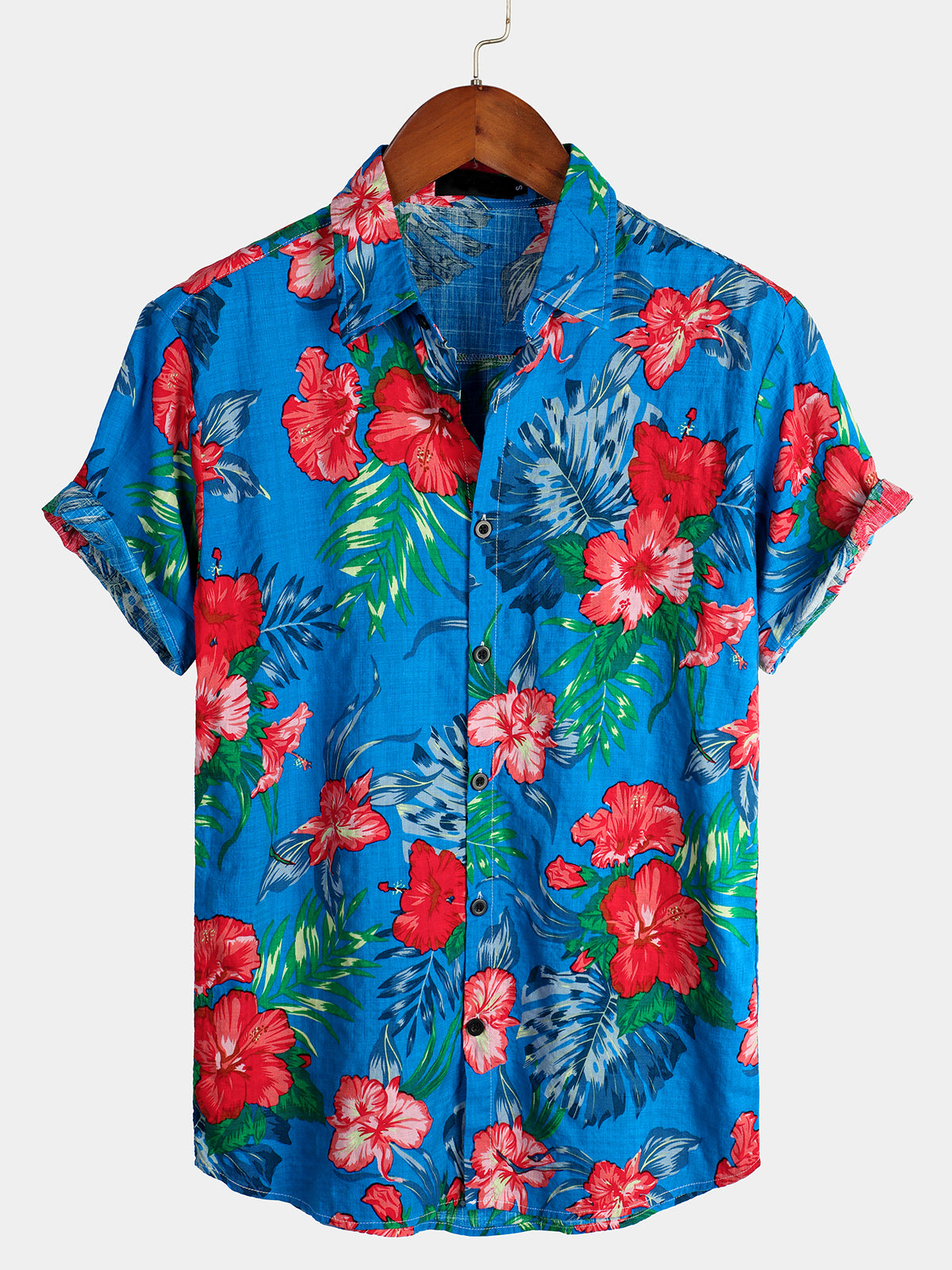 Camisa Blue Flower Tropical Hawaii de algodón de manga corta para hombre