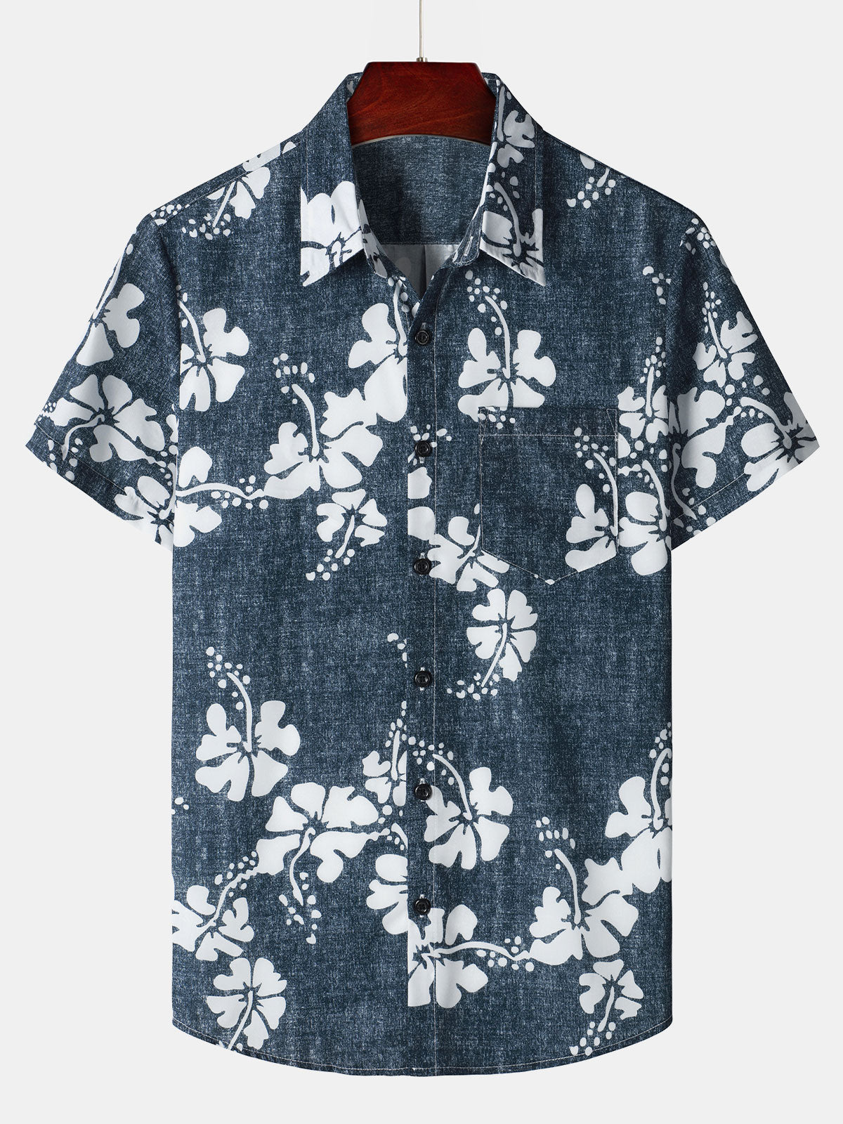 Camisa floral Hawaiian Pocket Navy Blue Button Up de manga corta para hombre