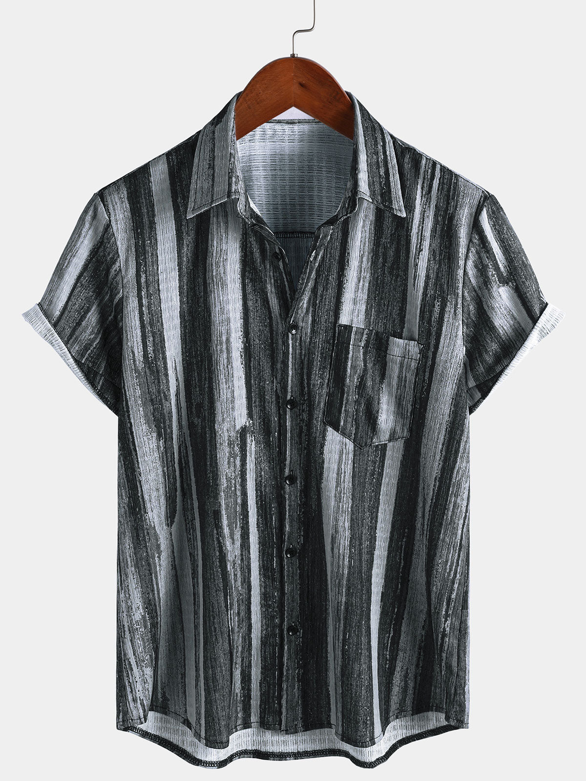 Camisa vintage Black a rayas Hawaiian Button Up de manga corta para hombre