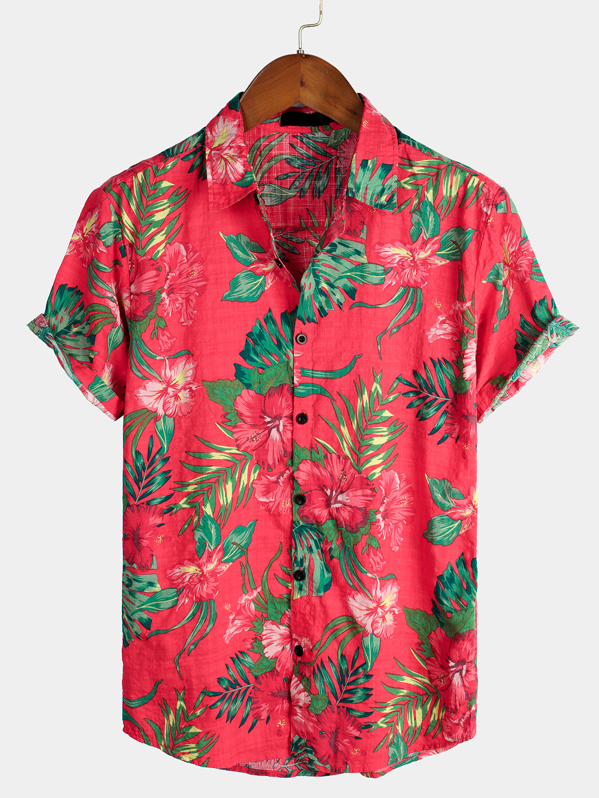 Camisa Red Flower Tropical Hawaiian de algodón de manga corta para hombre