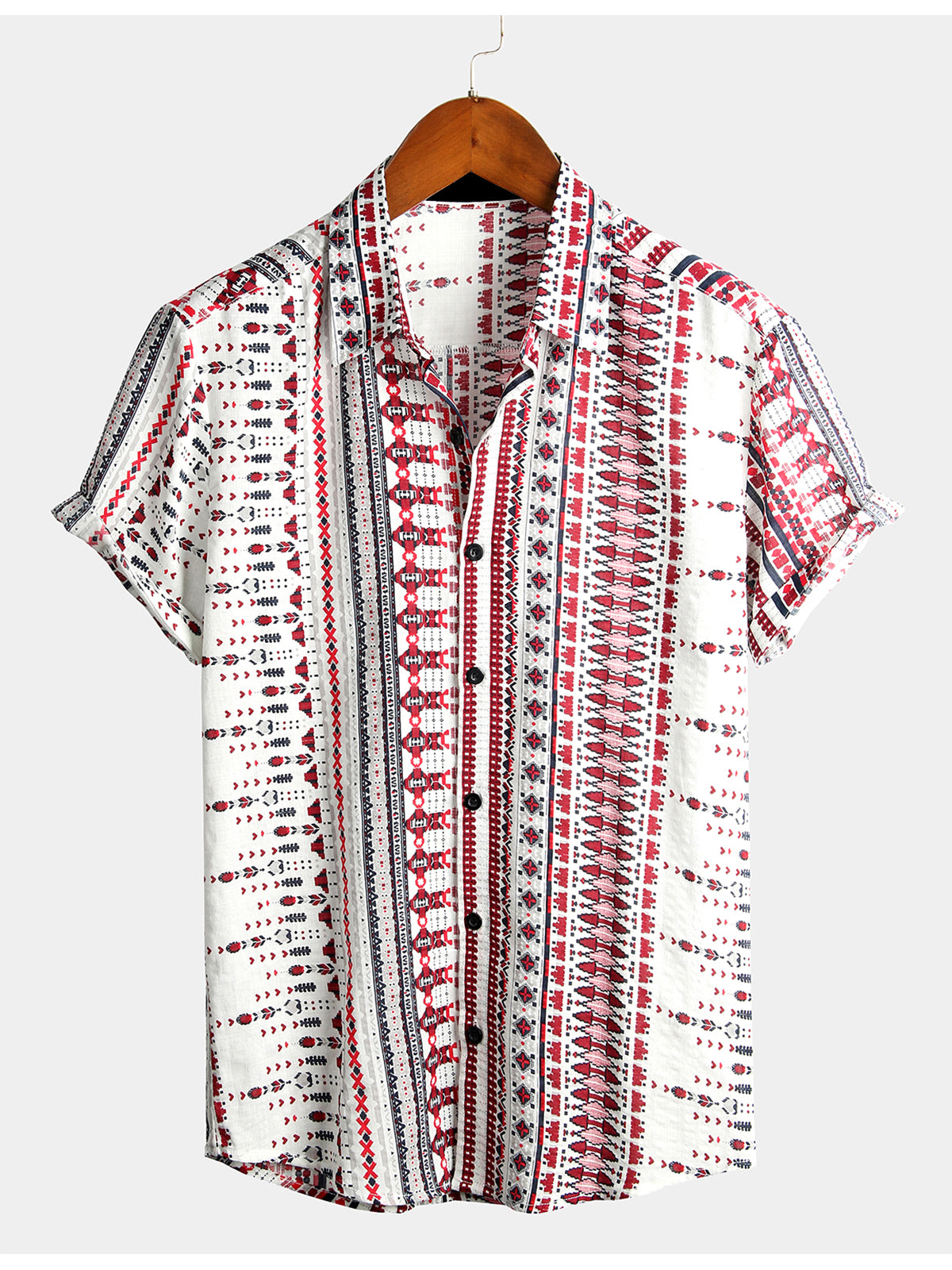 Camisa vintage de algodón Hawaiian White and Red a rayas Beach de manga corta para hombre