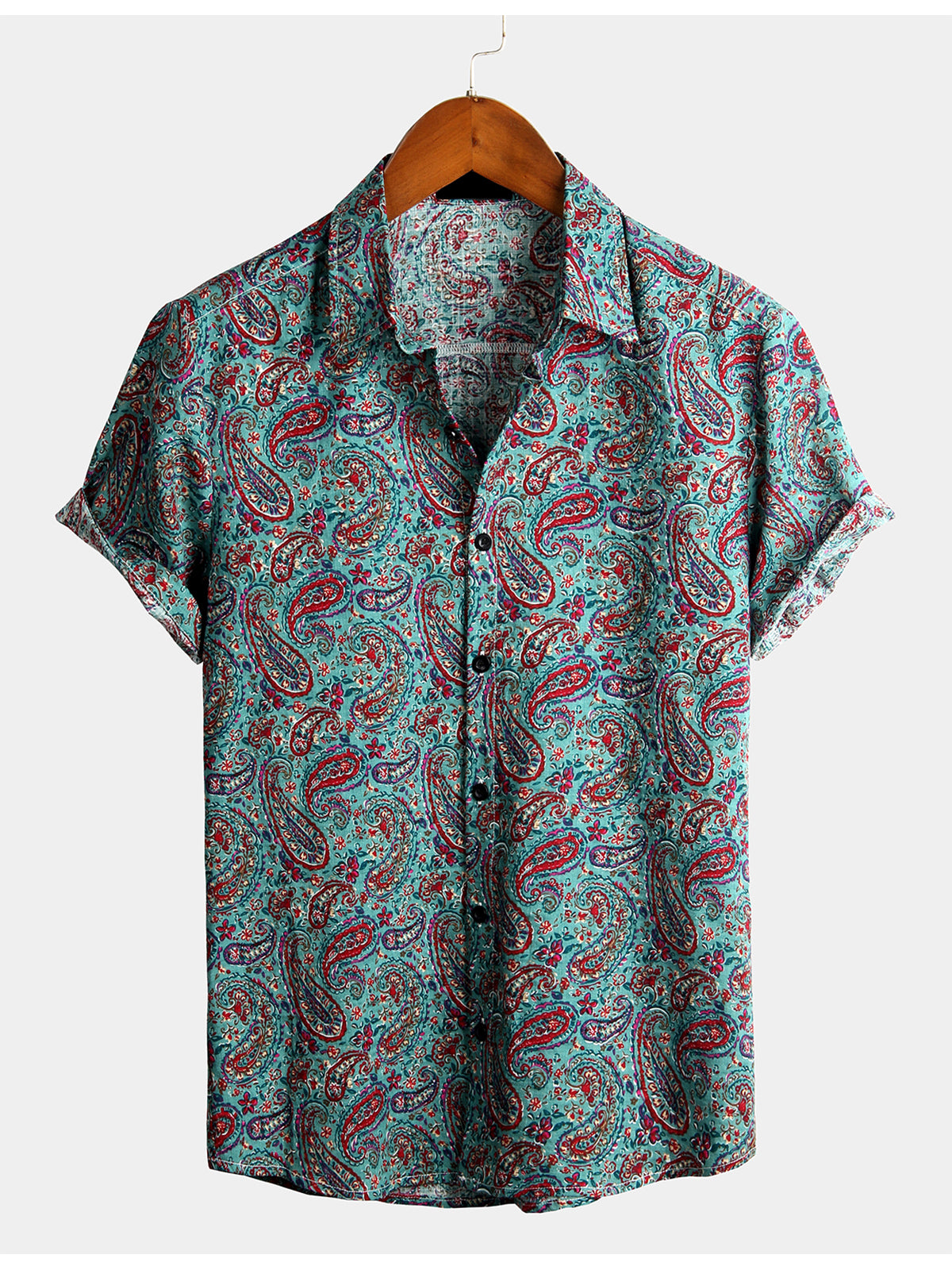 Camisa Paisley de algodón de manga corta Button Up vintage para hombre