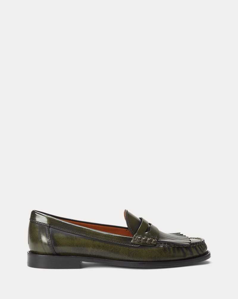 Zapatos Planos Ralph Lauren Ashtyn Fringe-Trim Calfskin Loafer Mujer Verde Oliva | NXOULEF-04 - vista 1