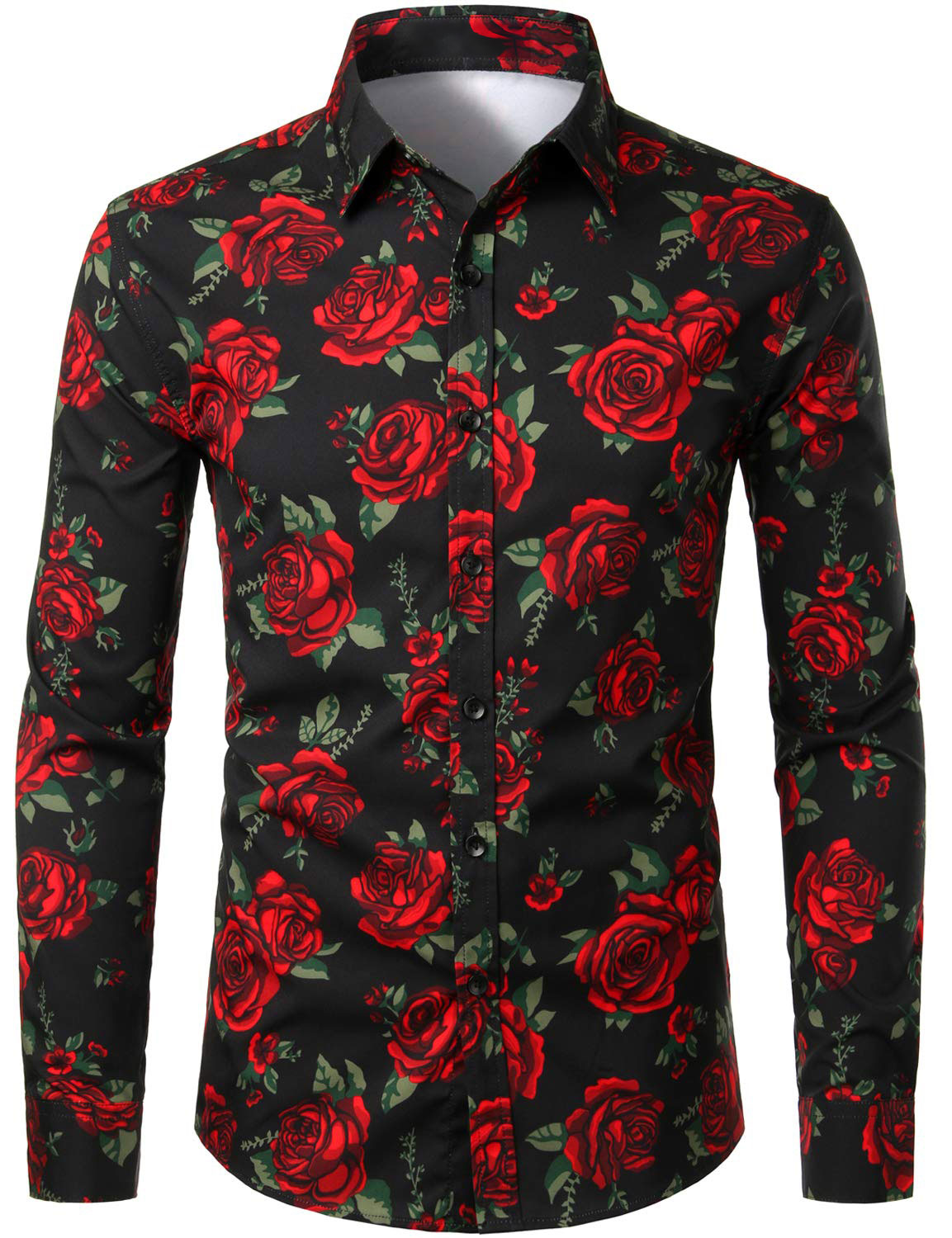 Camisa casual Rose Black de manga larga Button Up para hombre