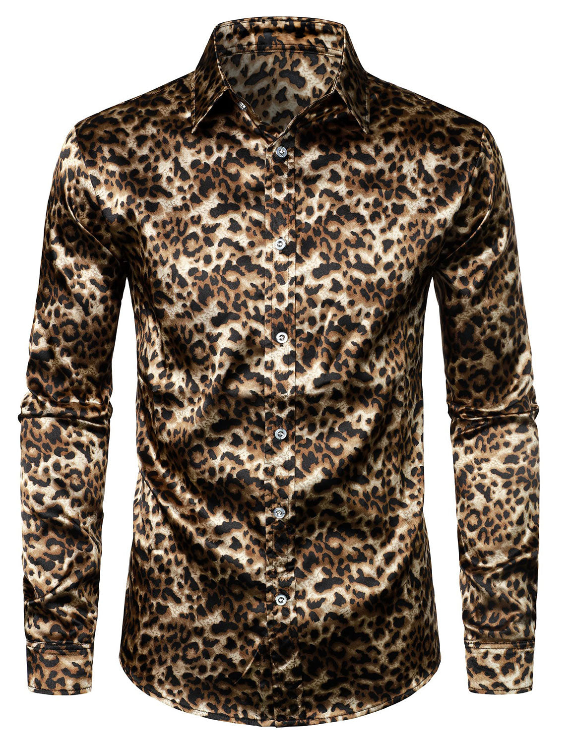Camisa retro Leopard Button Up Brown de manga larga para hombre