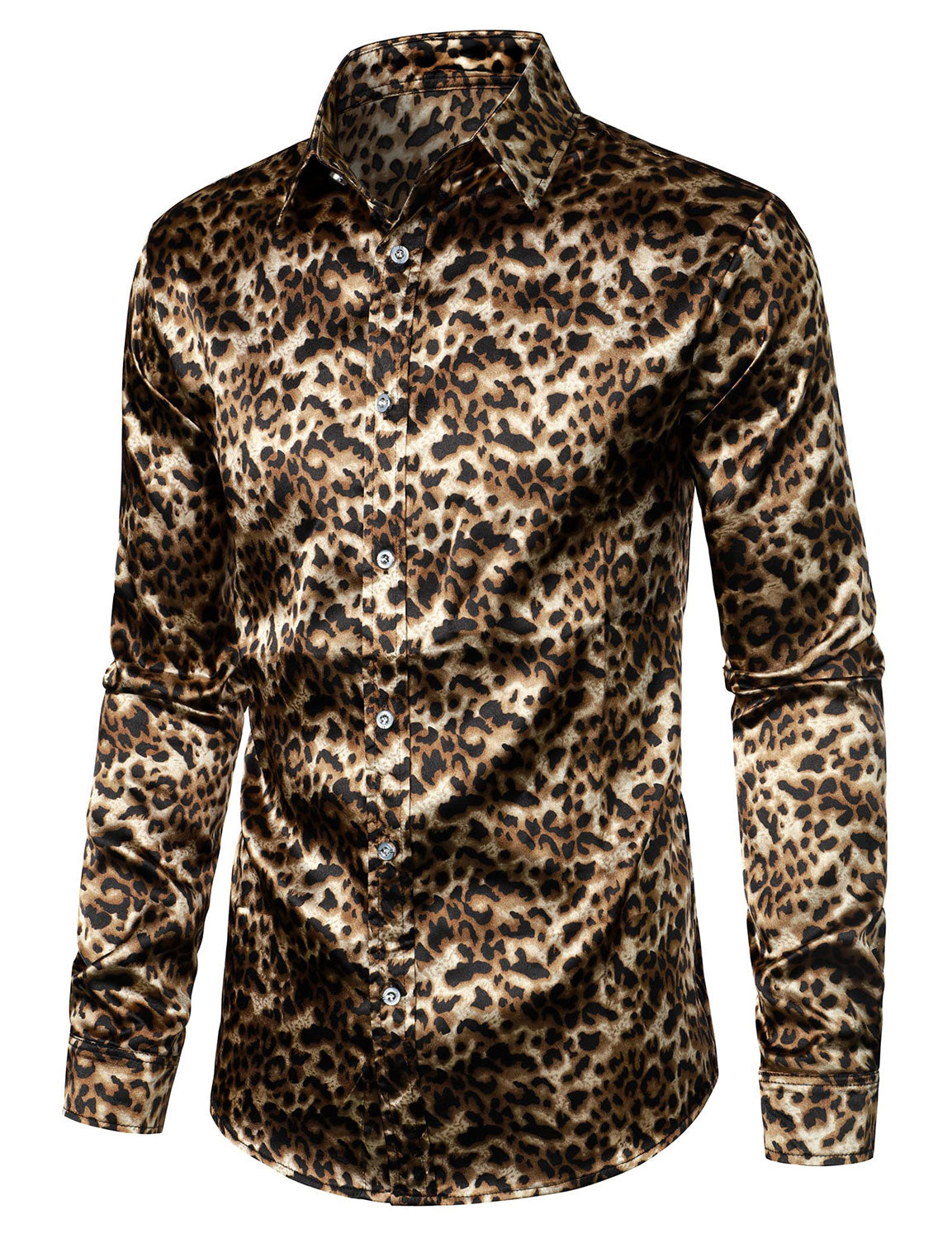 Camisa retro Leopard Button Up Brown de manga larga para hombre