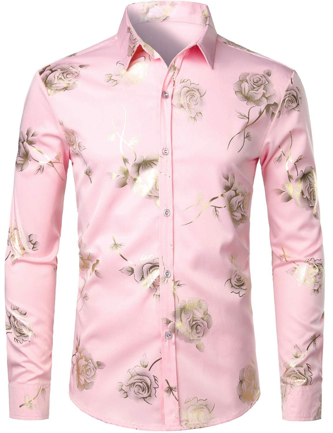 Camisa de vestir casual Rose floral estampado Pink Button Up de manga larga para hombre