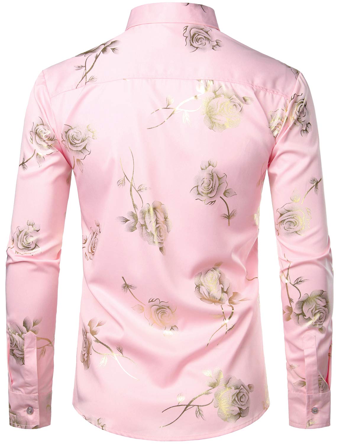 Camisa de vestir casual Rose floral estampado Pink Button Up de manga larga para hombre